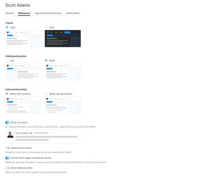 profile workspace settings