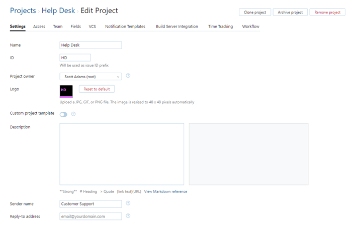 Project settings for help desk.