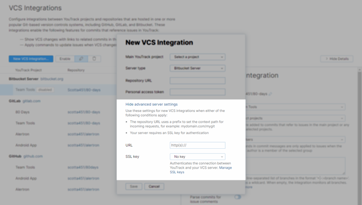 Advanced settings for a VCS integration with Bitbucket Server. Advanced settings for a VCS integration with Bitbucket Server.