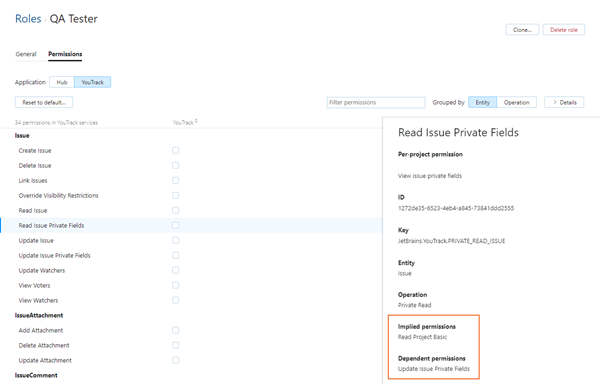 Details sidebar showing the implied and dependent permissions for the Read Issue Private Fields permission. Details sidebar showing the implied and dependent permissions for the Read Issue Private Fields permission.