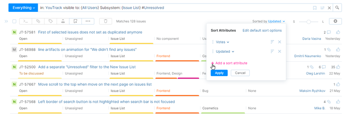 Options for sorting issues in the Issues list Options for sorting issues in the Issues list
