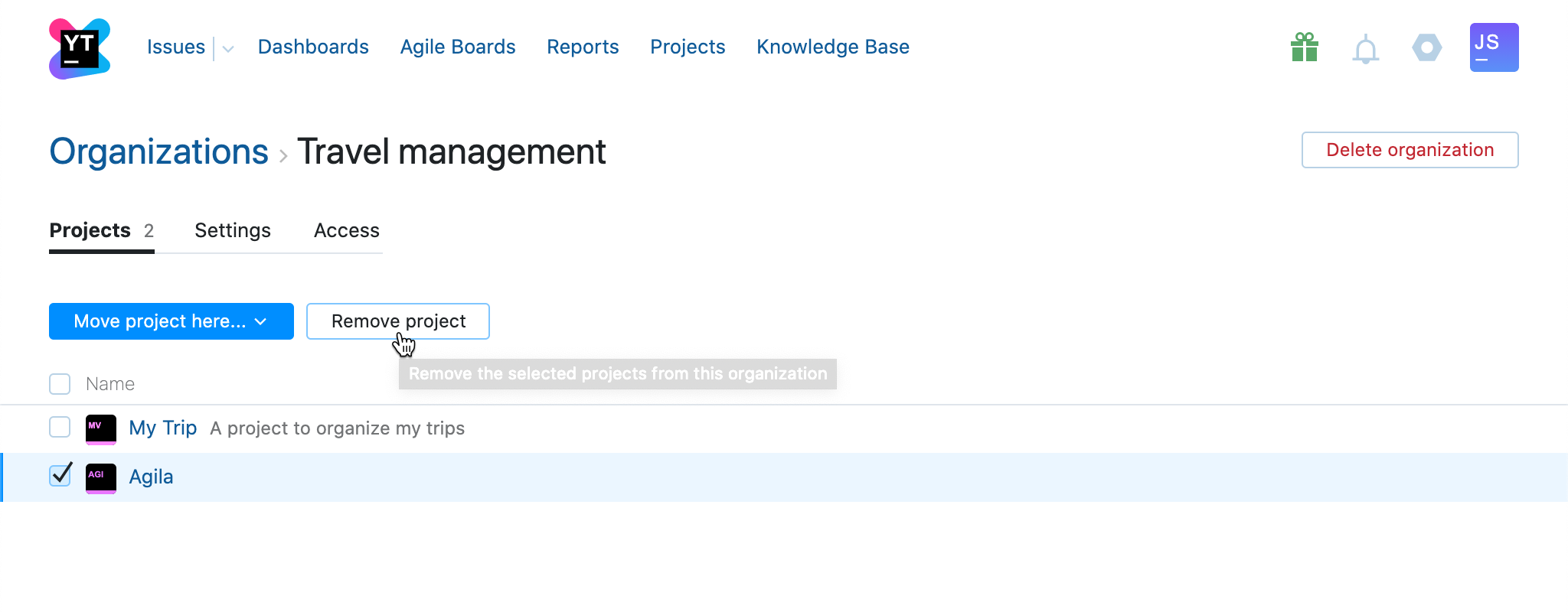 Option to remove selected projects from the current organization. Option to remove selected projects from the current organization.