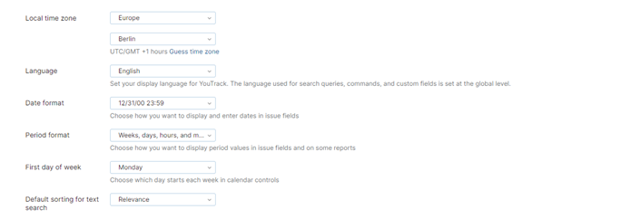 YouTrack general profile settings YouTrack general profile settings