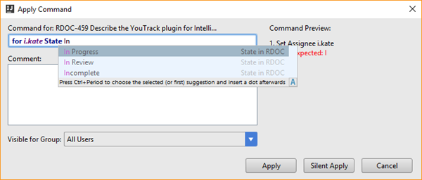 Youtrack integration command window Youtrack integration command window