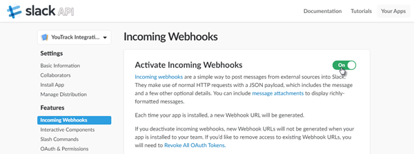 Slack integration incoming webhooks