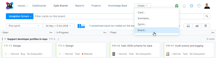 Agile board create menu