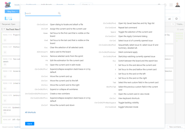 Agile board shortcuts