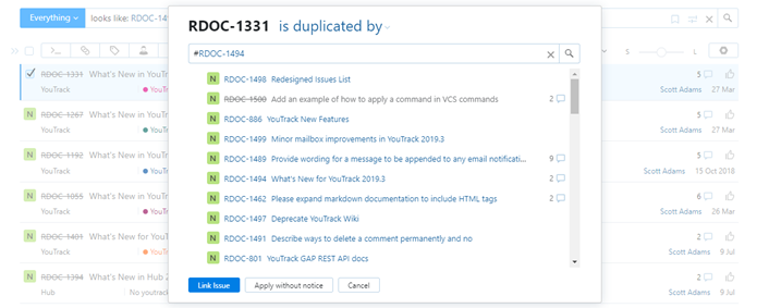 Dialog for linking the selected issue to one or more target issues.