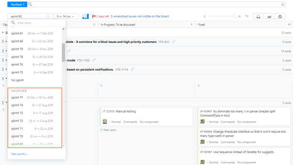 Archived sprints in the sprint selection menu. Archived sprints in the sprint selection menu.