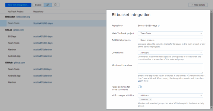 Bitbucket integration settings