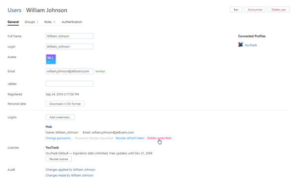 ユーザーアカウントの統合 Youtrack Standalone