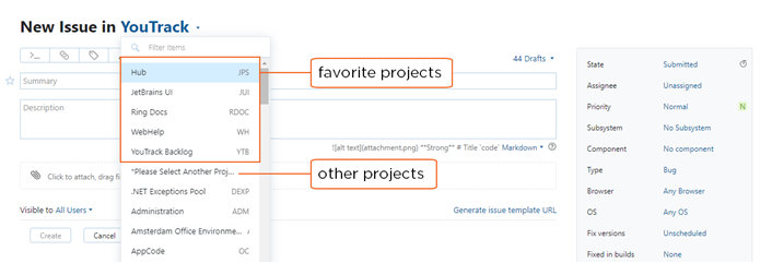 favorite projects in project field