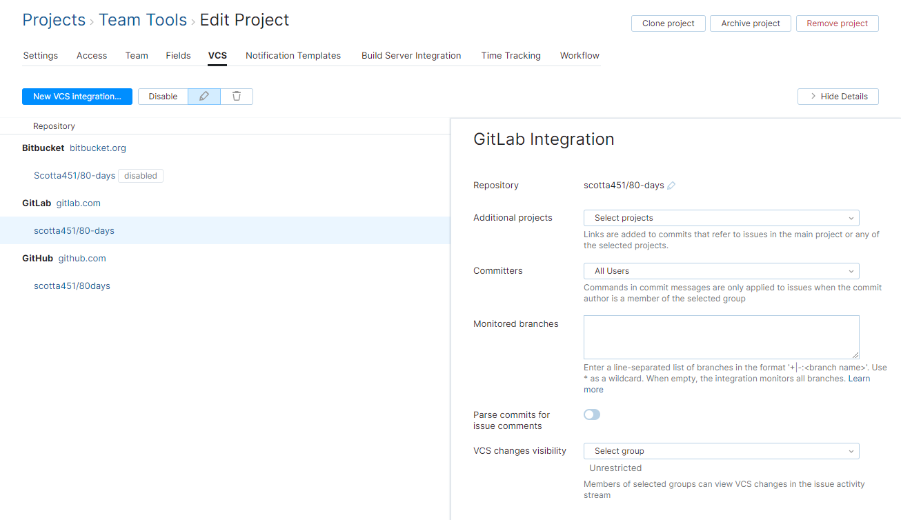 GitLab integration settings