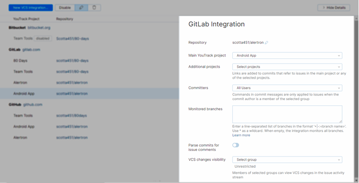 GitLab integration settings