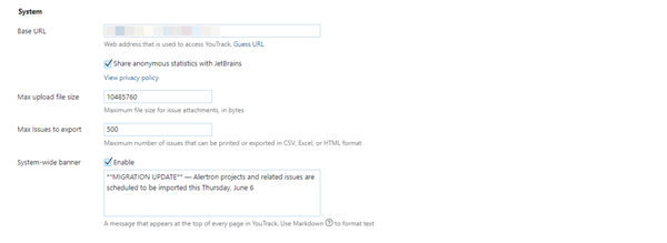 system settings for YouTrack Standalone