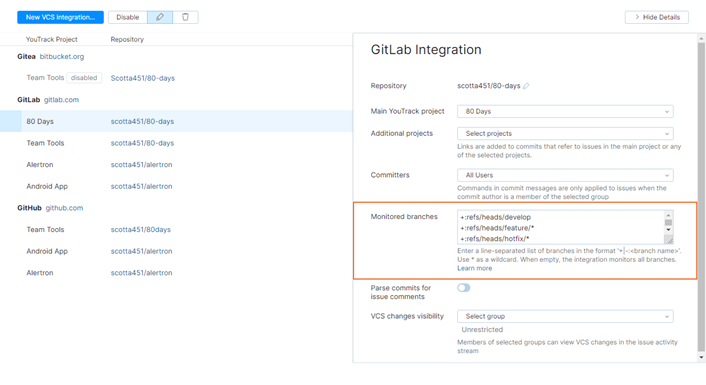 Monitored branches in VCS integration settings Monitored branches in VCS integration settings