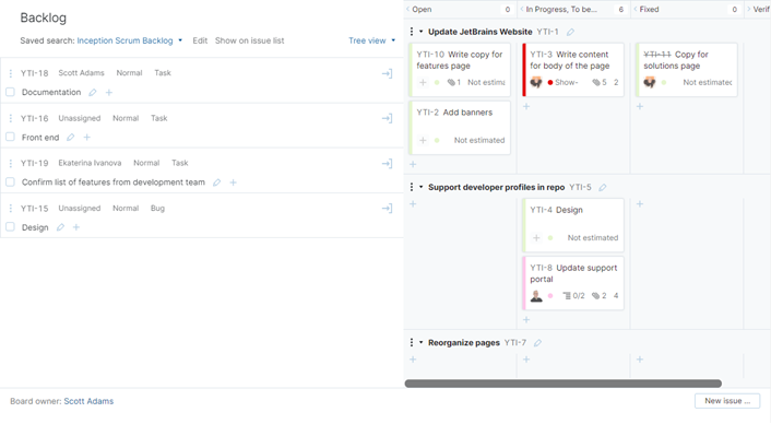 Scrum board with backlog issues.