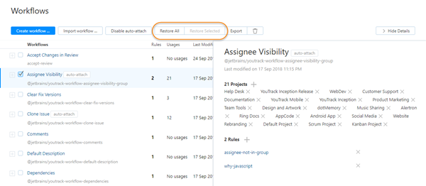 Workflows restore