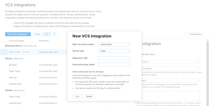 The New VCS Integration dialog for an integration with Gogs.