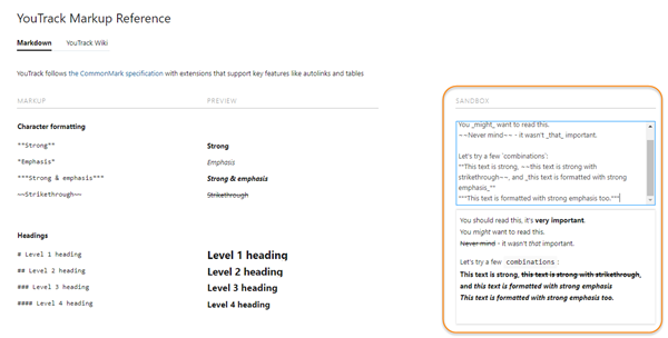 Youtrack markup reference markdown