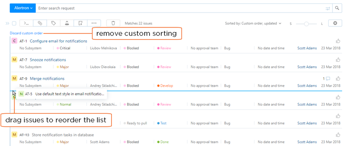 Controls for sorting issues manually in the Issues list.