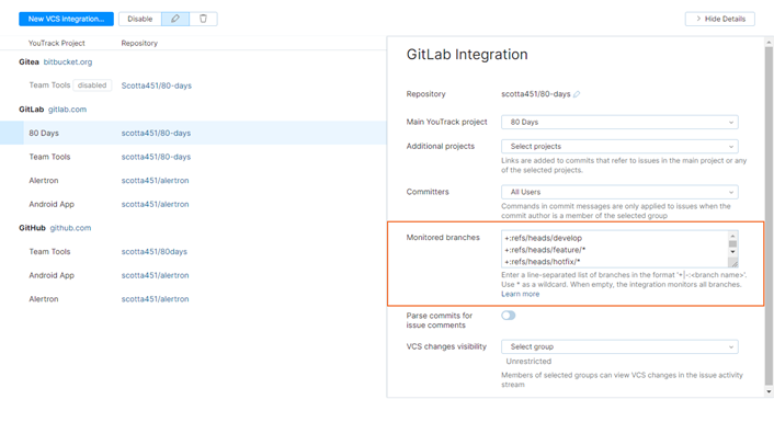 Monitored branches in VCS integration settings