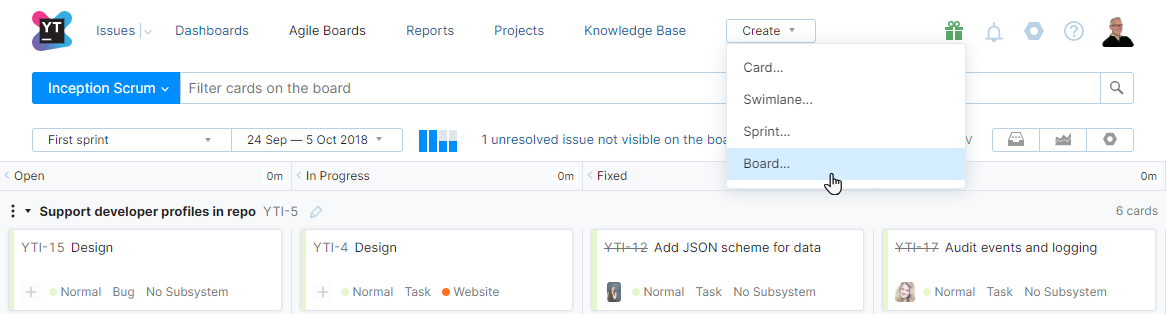 Agile board create menu Agile board create menu