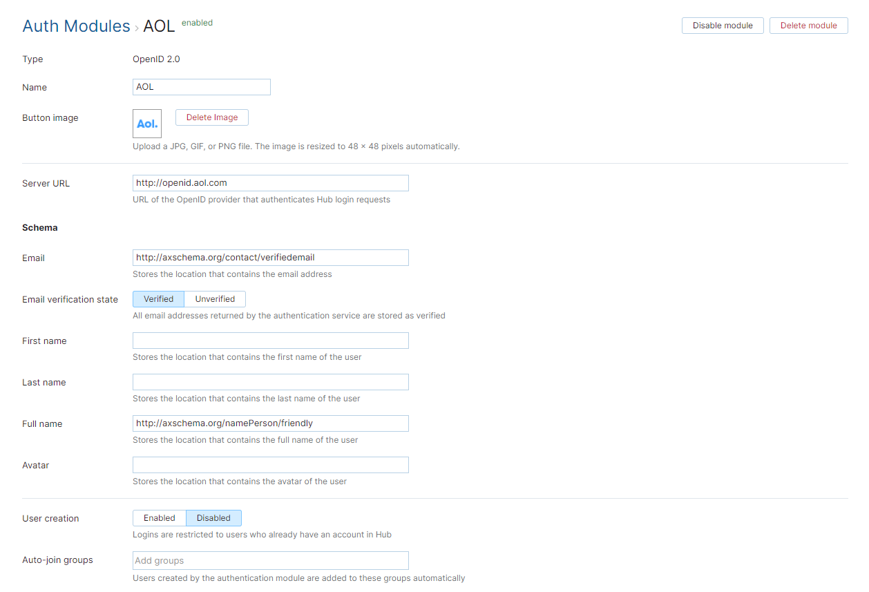 AOL auth module settings