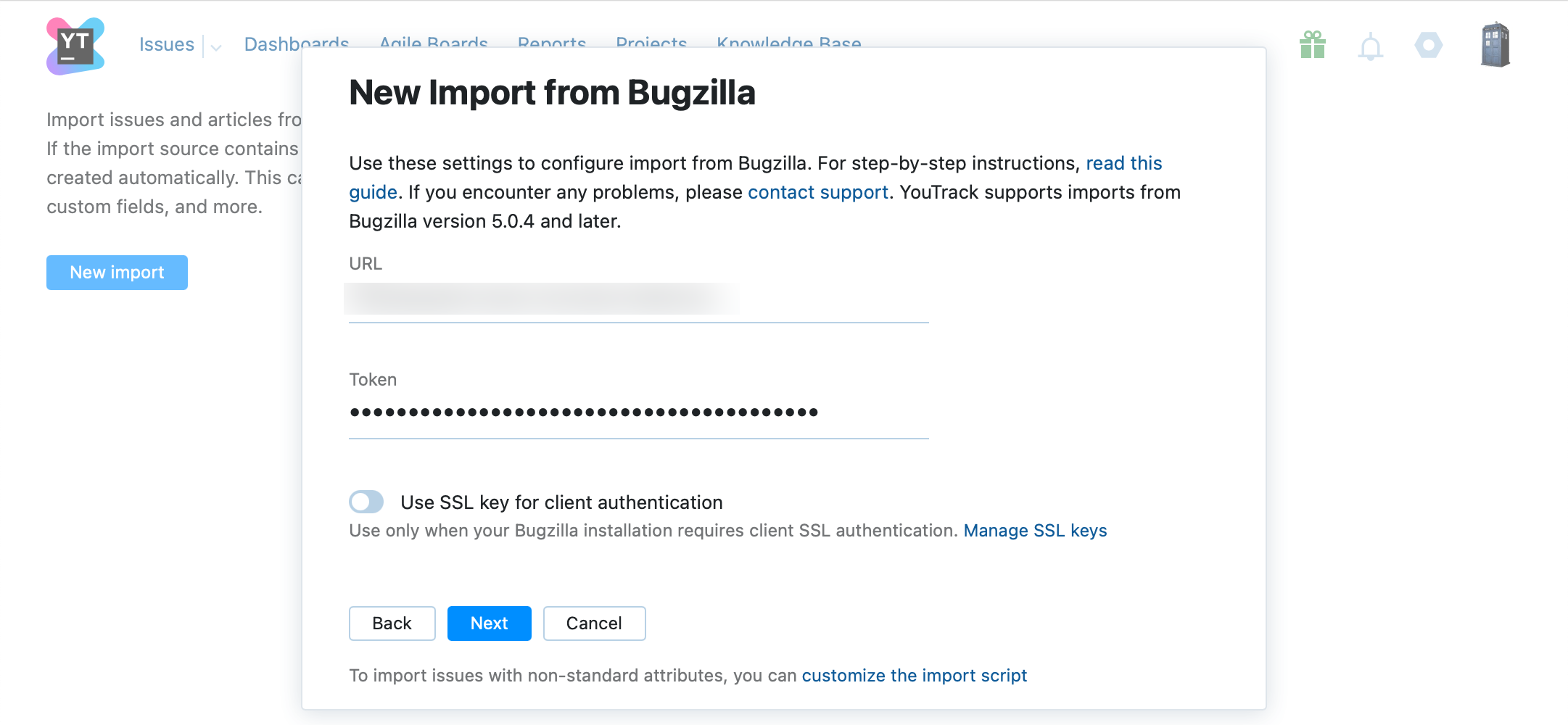 Bugzilla import: connection settings
