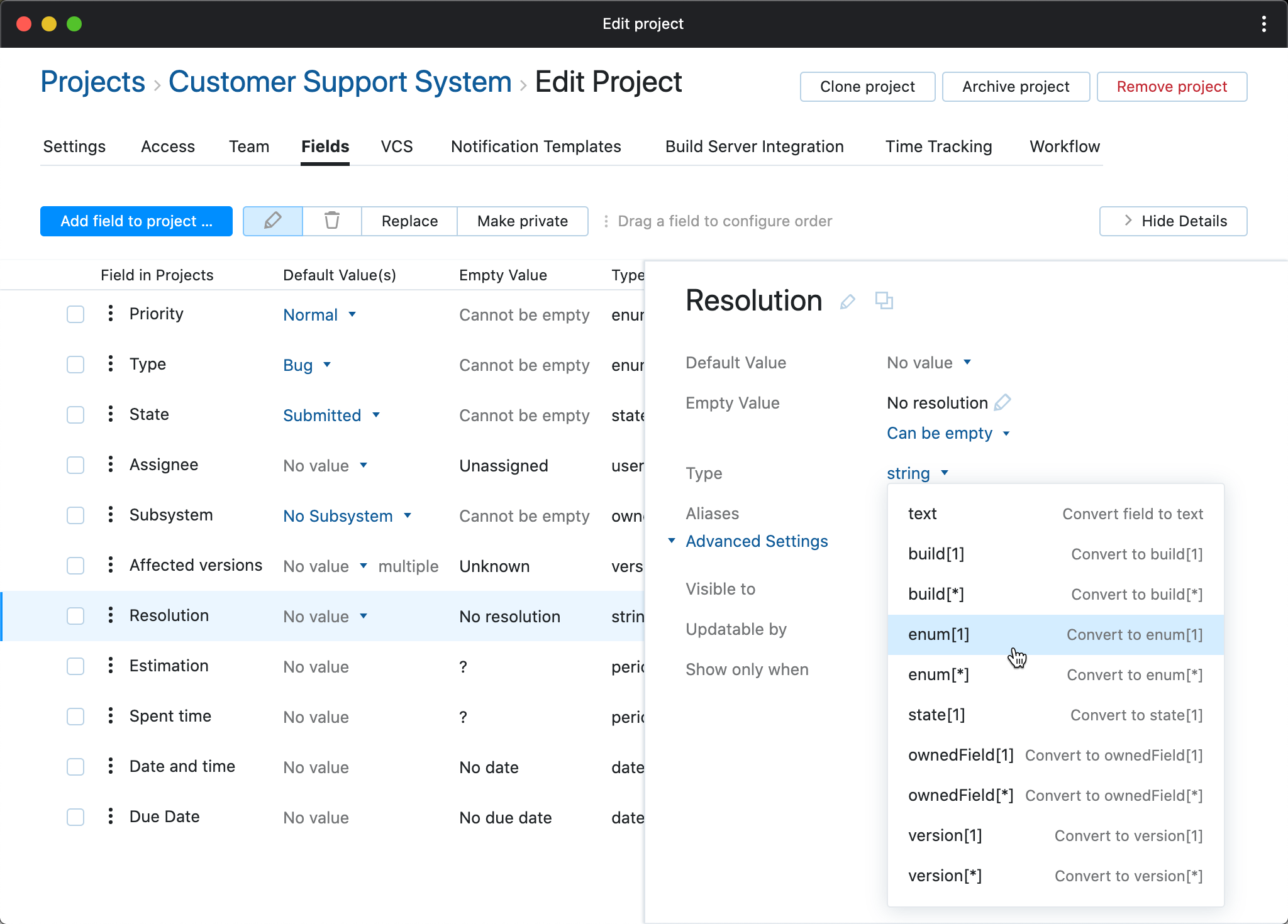 change field type in project change field type in project