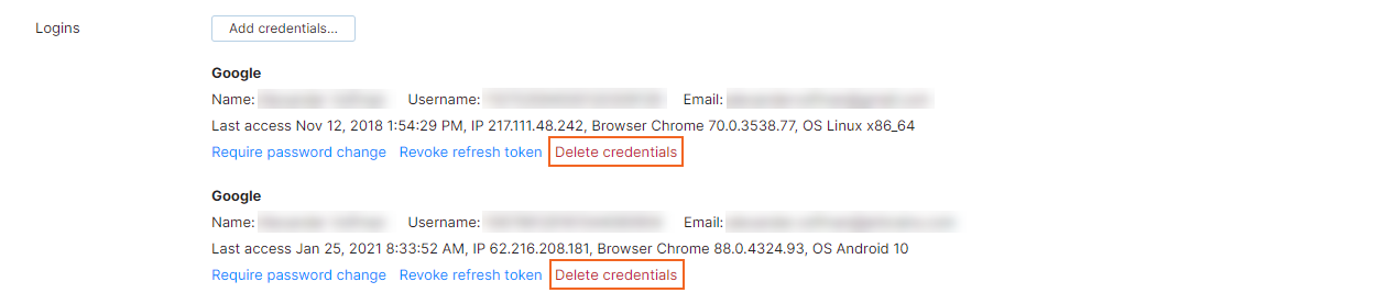 delete credentials in Hub account