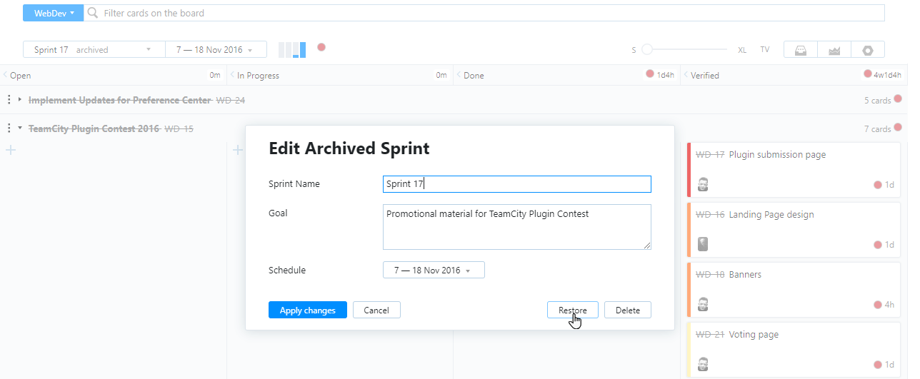 Restore option in the Edit Archived Sprint dialog.