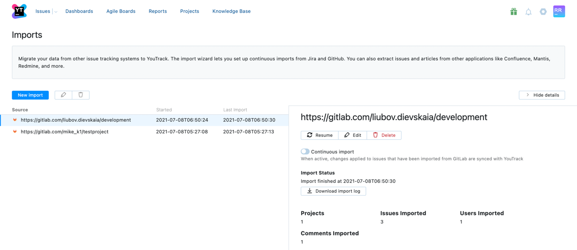 List of configured import projects. List of configured import projects.