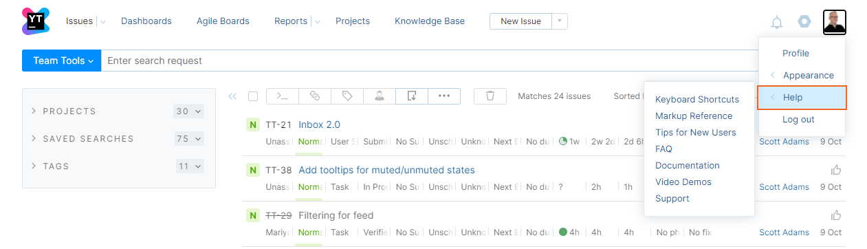 Help menu in YouTrack. Help menu in YouTrack.