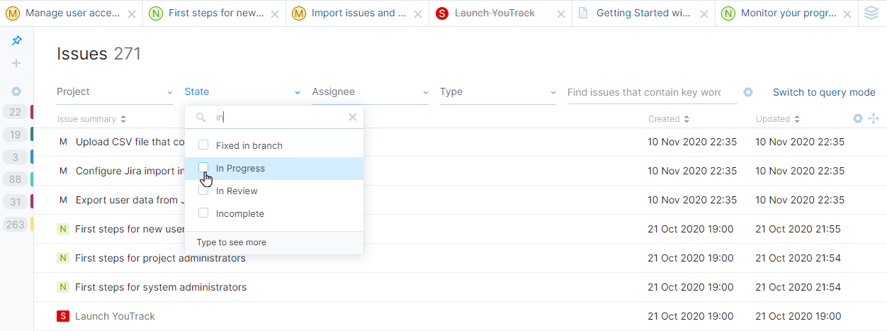 Issue filters in YouTrack Lite.