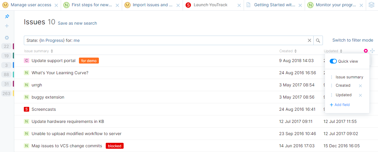 List settings in YouTrack Lite.