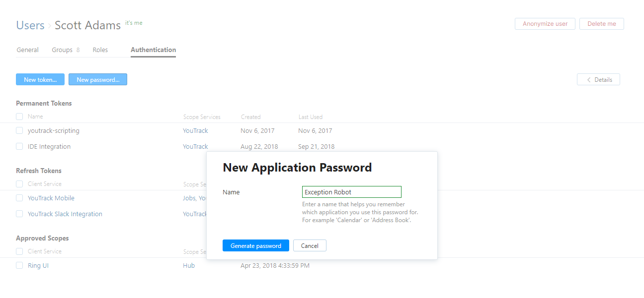 New application password dialog