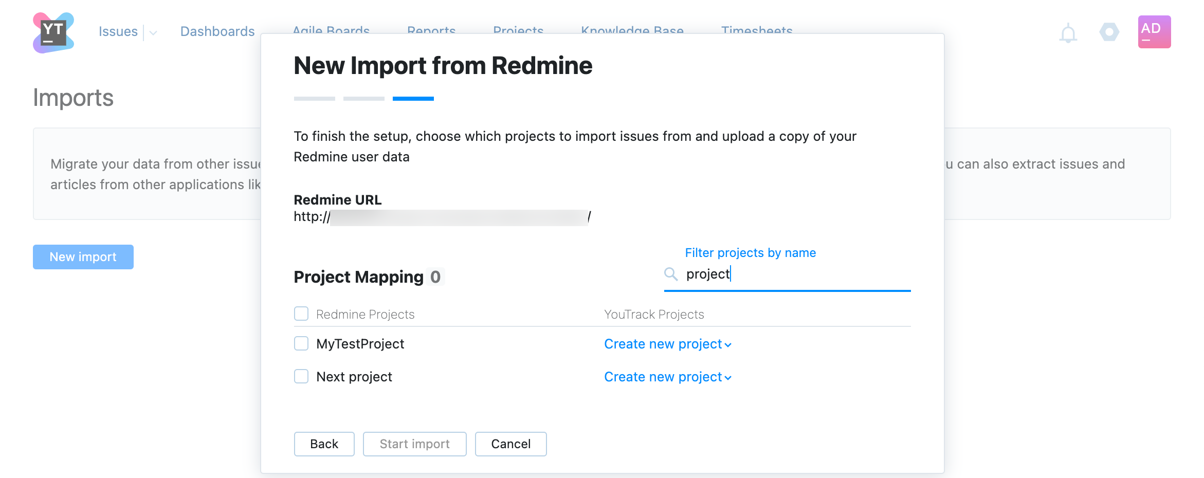 New Import from Redmine dialog step two.
