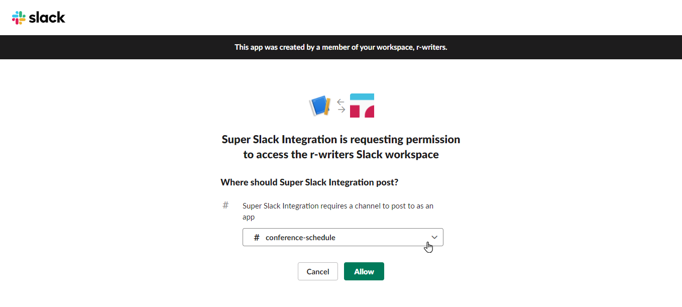Channel selection for posting integration messages.
