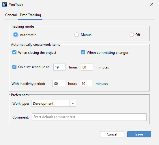 Time tracking settings in the plugin setup dialog.