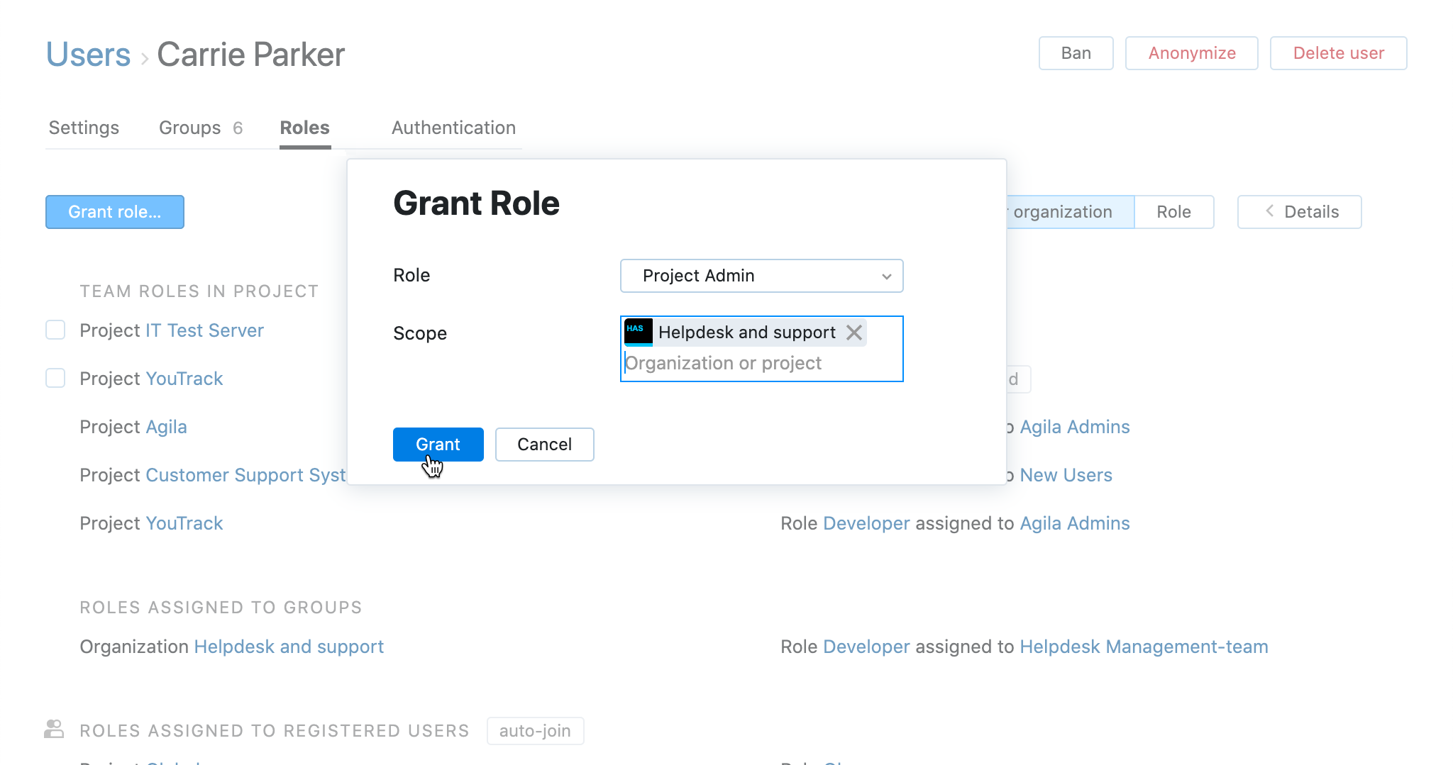 User grant role dialog
