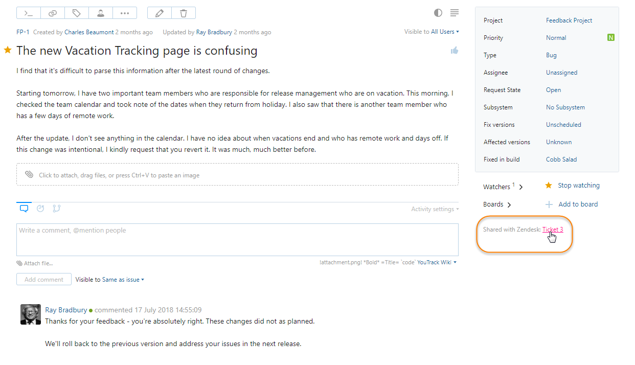 link to Zendesk ticket in issue link to Zendesk ticket in issue