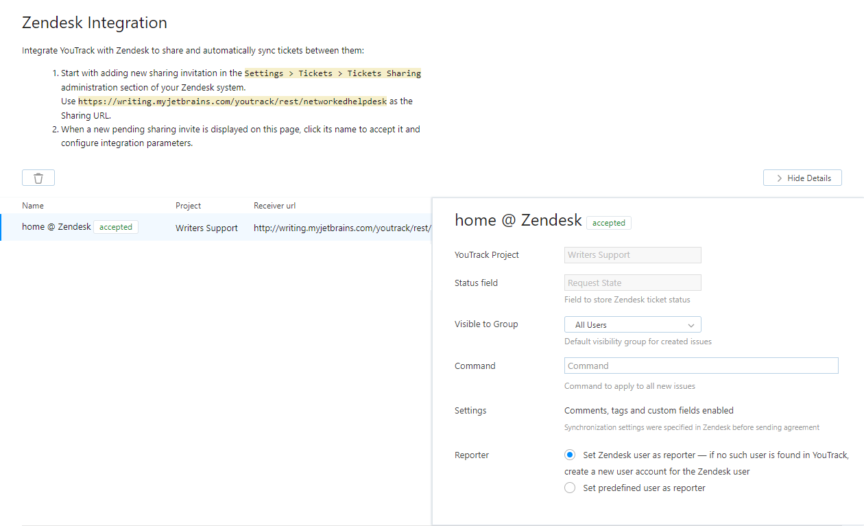 Zendesk integration settings Zendesk integration settings