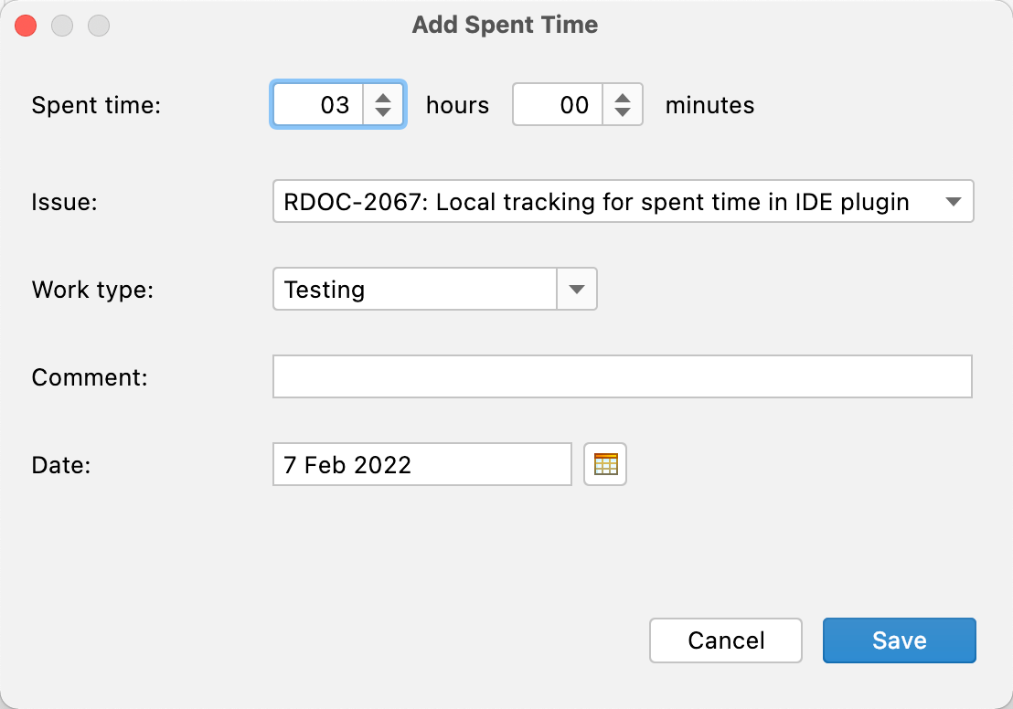 Add Spent Time dialog for the YouTrack Integration plugin.