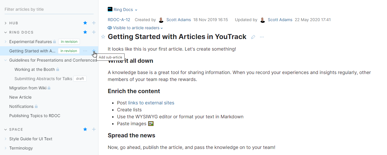 Add a sub-article to an existing article.