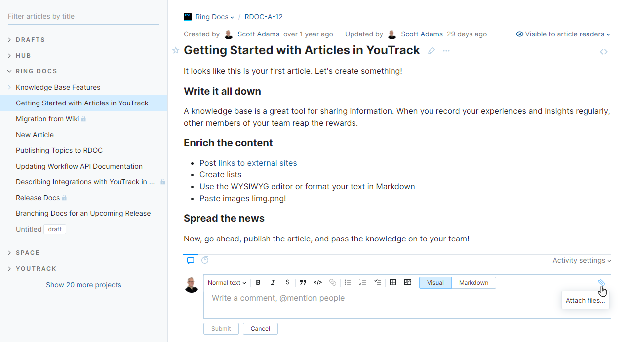 Attach a file to an article comment.