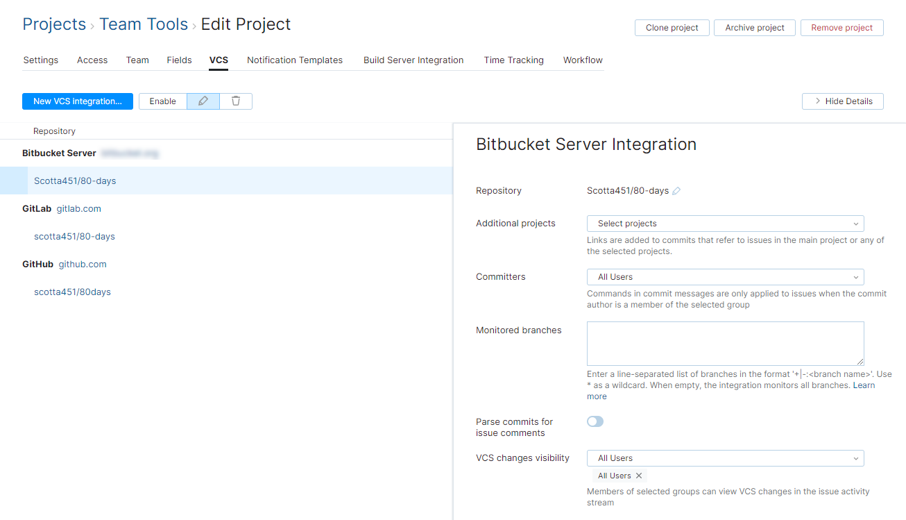 Bitbucket Server integration settings
