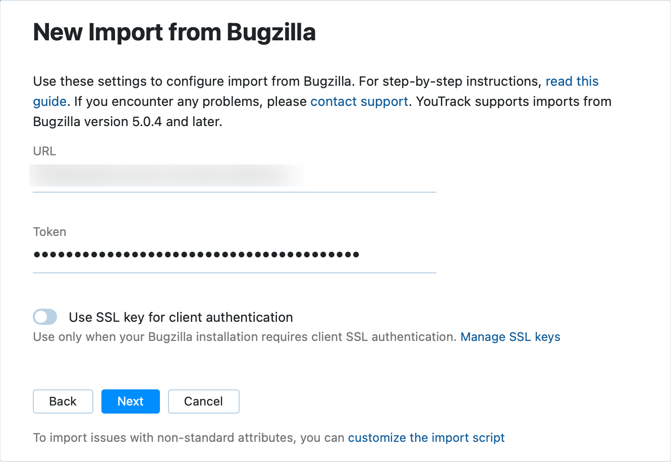 Bugzilla import: connection settings