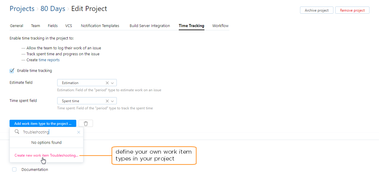 define new work item type in project