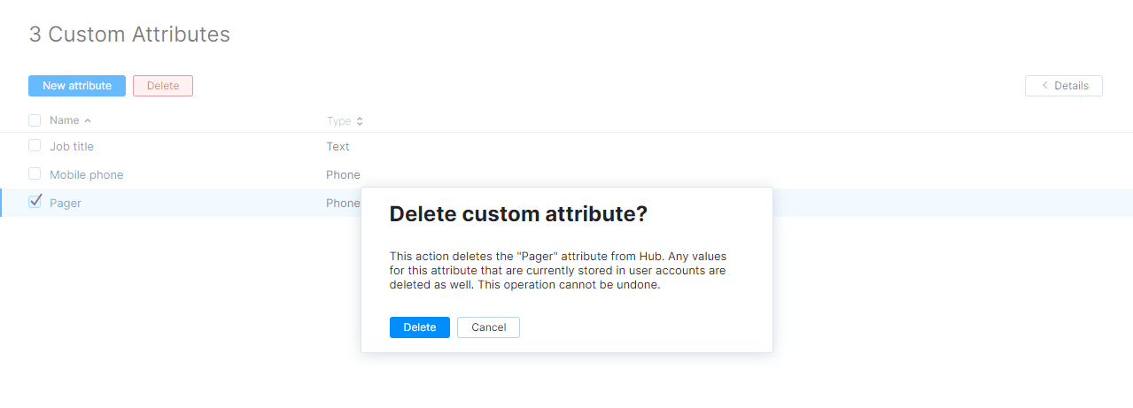 Confirmation dialog for deleting a custom attribute.